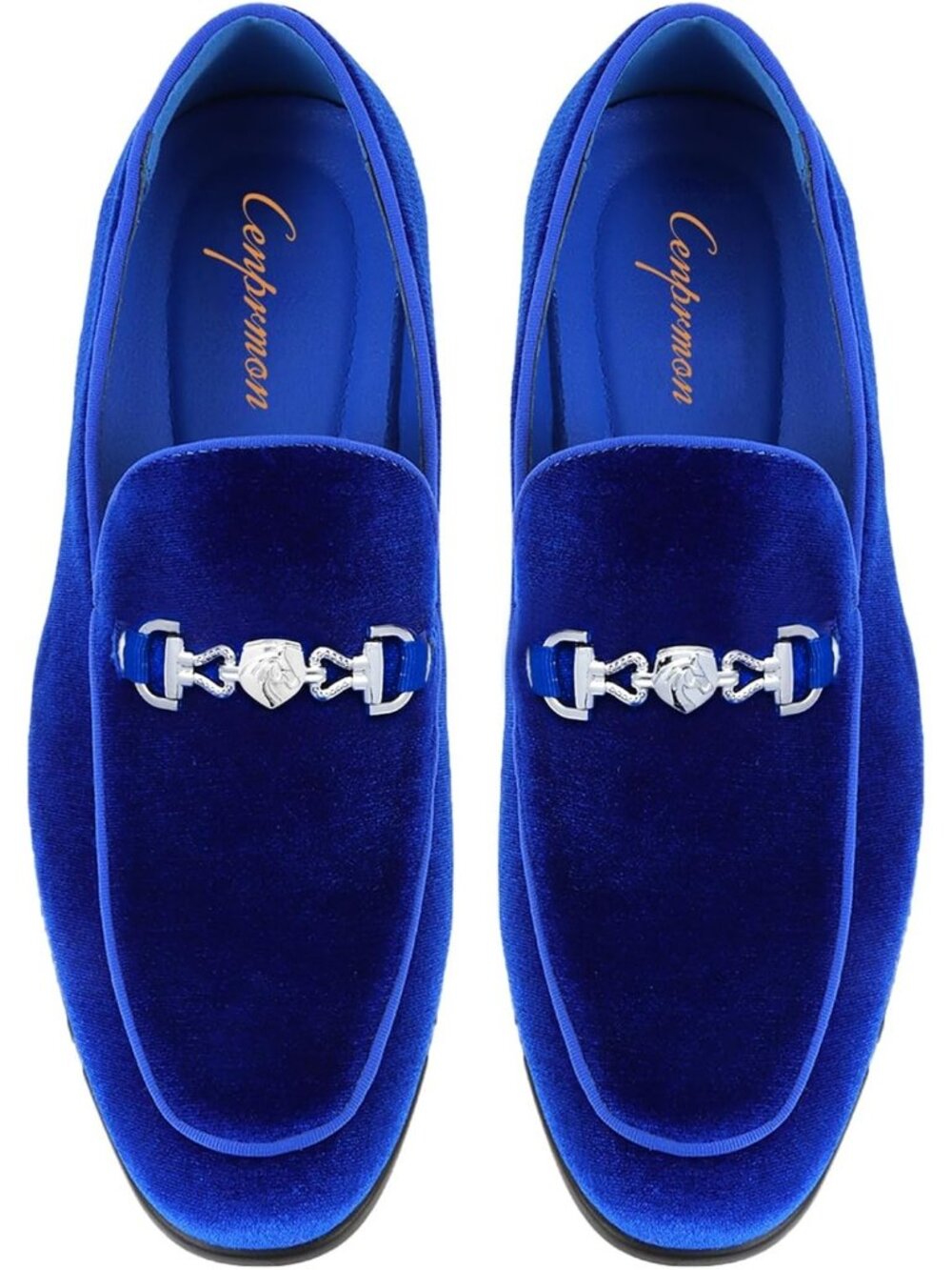 Cenprmon Men's Royal Blue Velvet Penny Loafers Metal Buckle Slip On Party Shoes